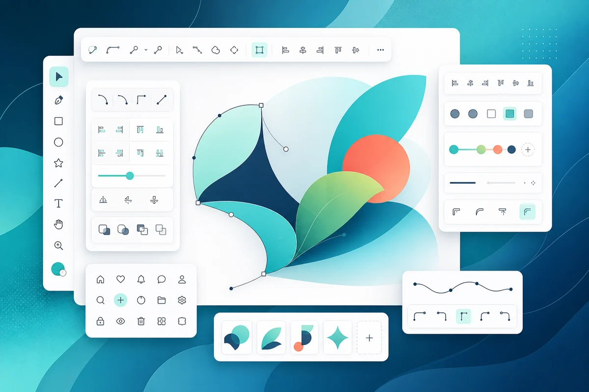 Imgfun vector editor with path controls and interface illustration components